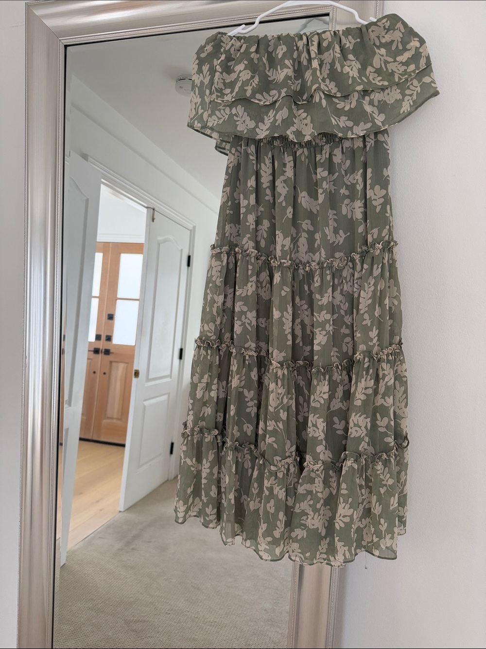 Off-Shoulder Olive Floral Tiered Maxi Dress